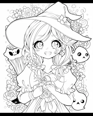 Charming Witch with Flowers Coloring Page