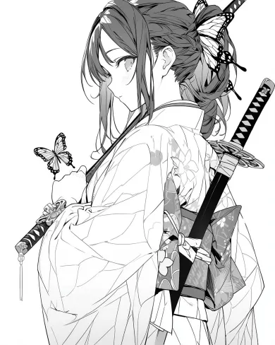 Serene Warrior with Butterflies Coloring Page