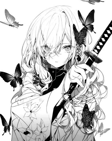 Elegant Warrior with Butterflies Coloring Page