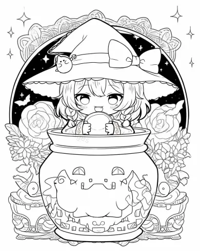 Charming Witch with Magical Cauldron Coloring Page