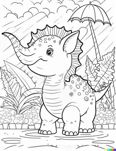 Cheerful Dinosaur in Rainy Landscape Coloring Page