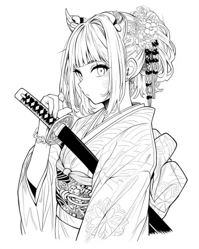 Intricate Samurai Girl Coloring Page