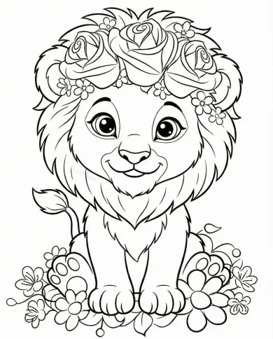 Cute Lion with Flower Crown Coloring Page