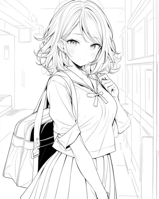 Charming Schoolgirl Coloring Page preview
