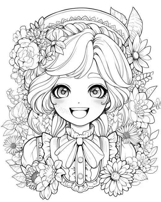 Joyful Girl Among Flowers Coloring Page preview