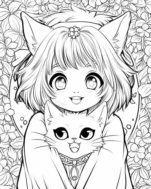 Adorable Cat and Girl Coloring Page preview