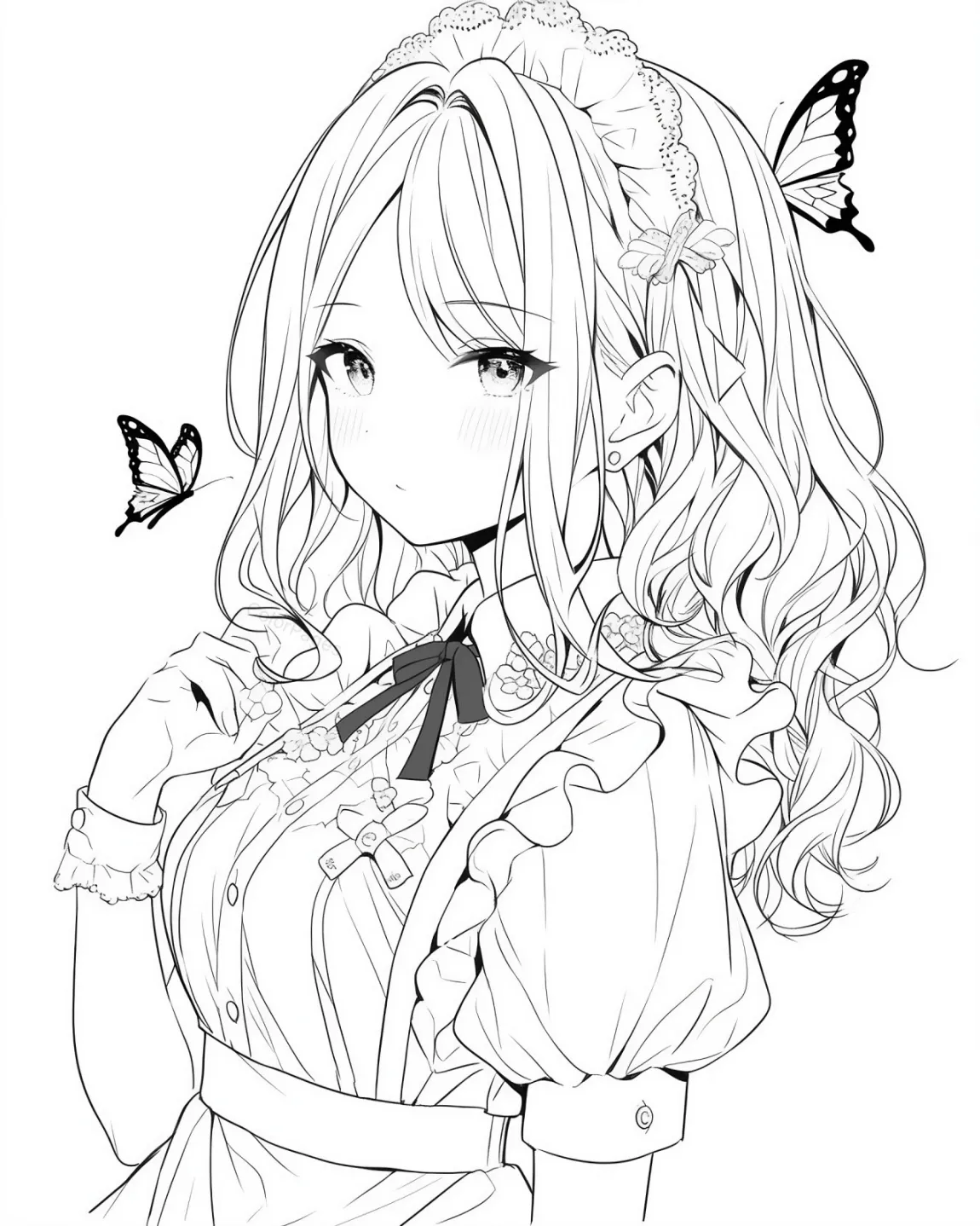 Charming Young Lady with Butterflies Coloring Page