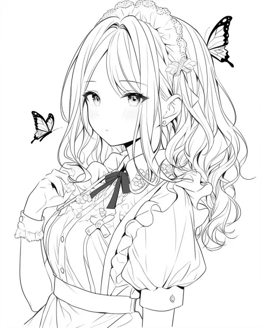 Charming Young Lady with Butterflies Coloring Page preview
