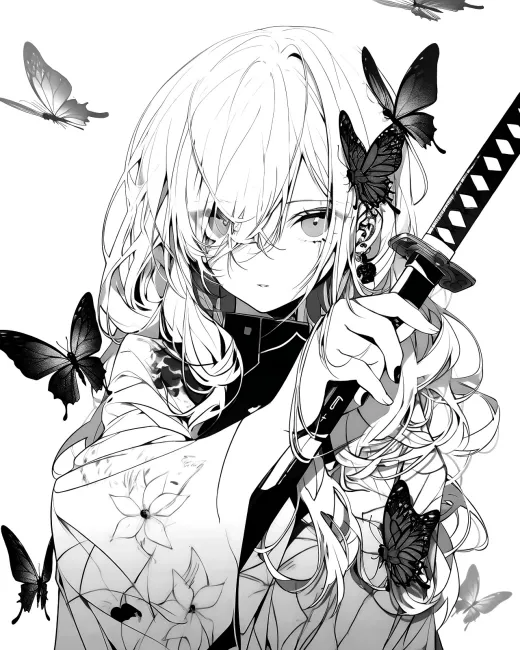 Elegant Warrior with Butterflies Coloring Page preview