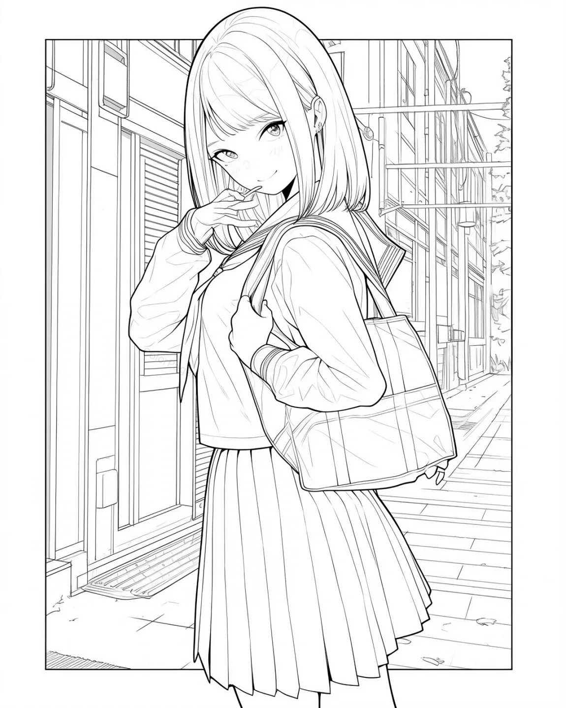 Charming Girl in a City Scene Coloring Page