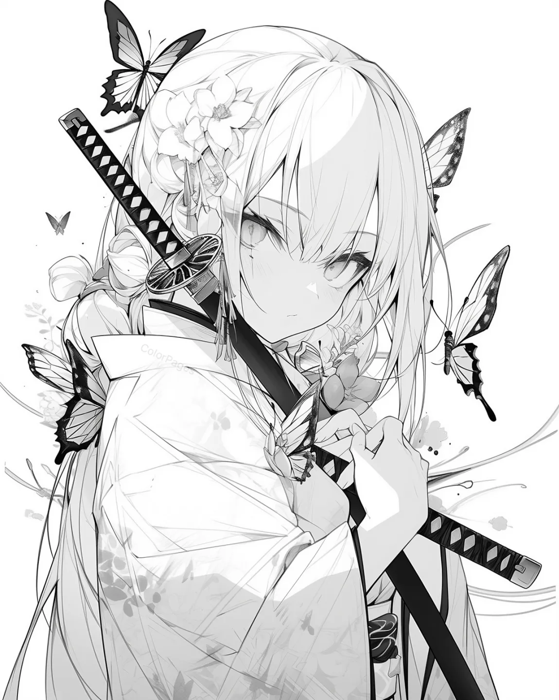 Serene Warrior with Butterflies Coloring Page