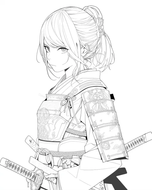 Elegant Samurai Girl Coloring Page preview