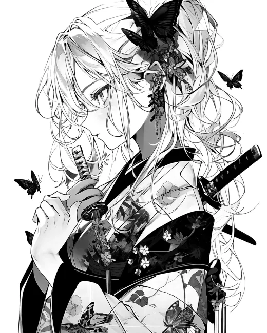 Elegant Samurai Girl Coloring Page preview