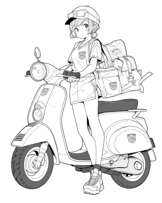 Cool Scooter Delivery Girl Coloring Page preview