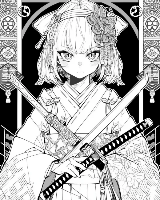 Elegant Samurai Girl Coloring Page preview