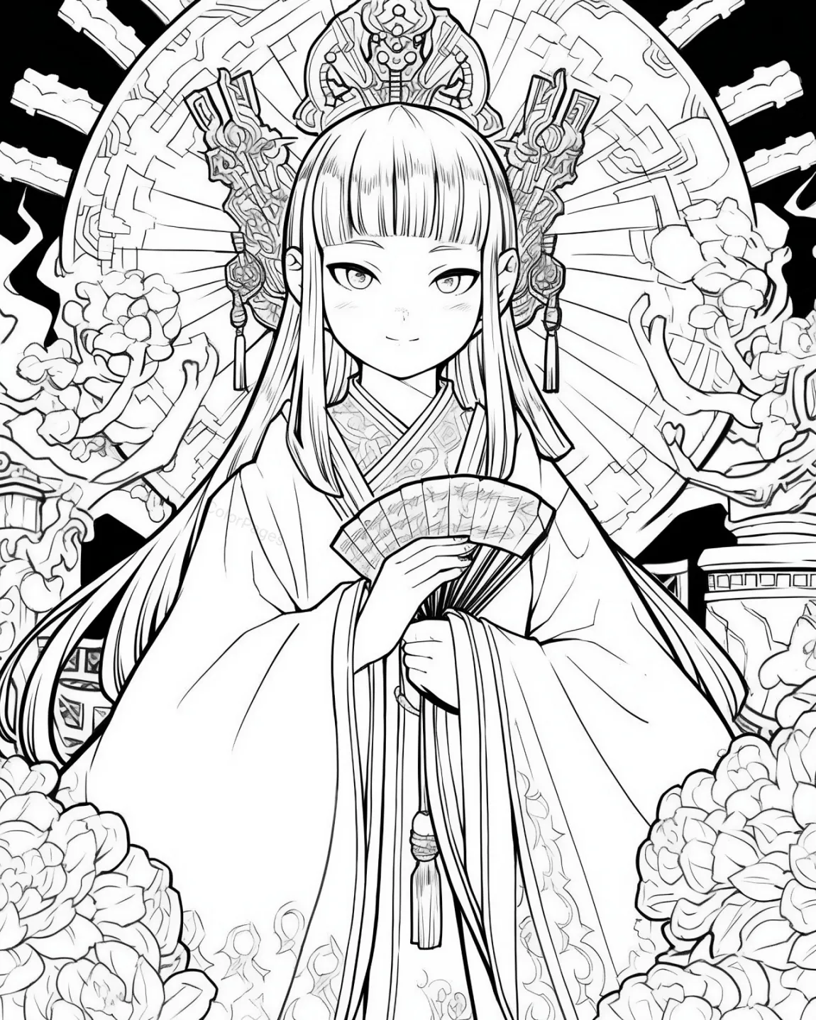 Elegant Asian Princess Coloring Page