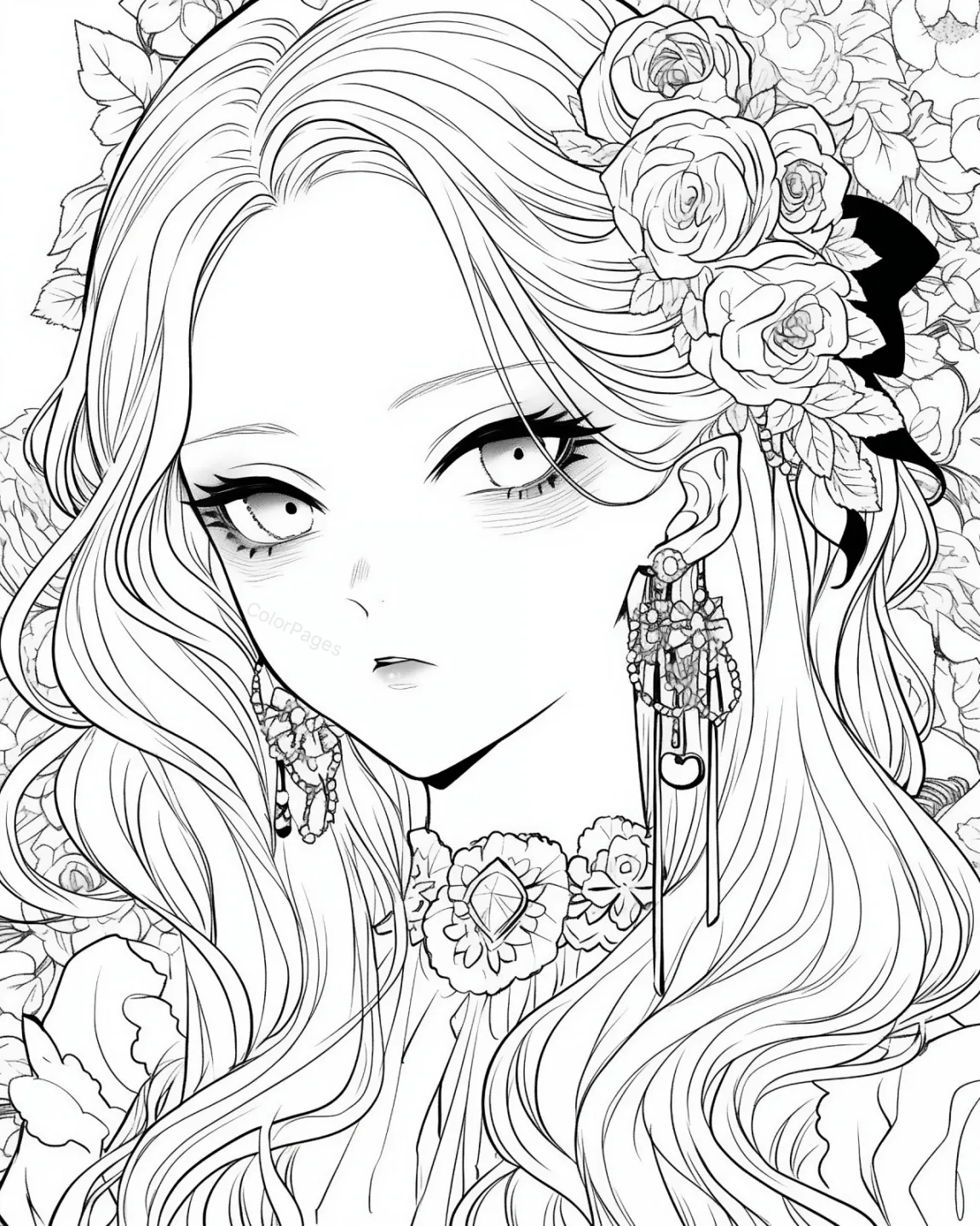 Elegant Floral Portrait Coloring Page