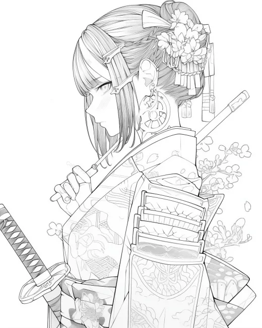 Elegant Samurai Girl Coloring Page preview