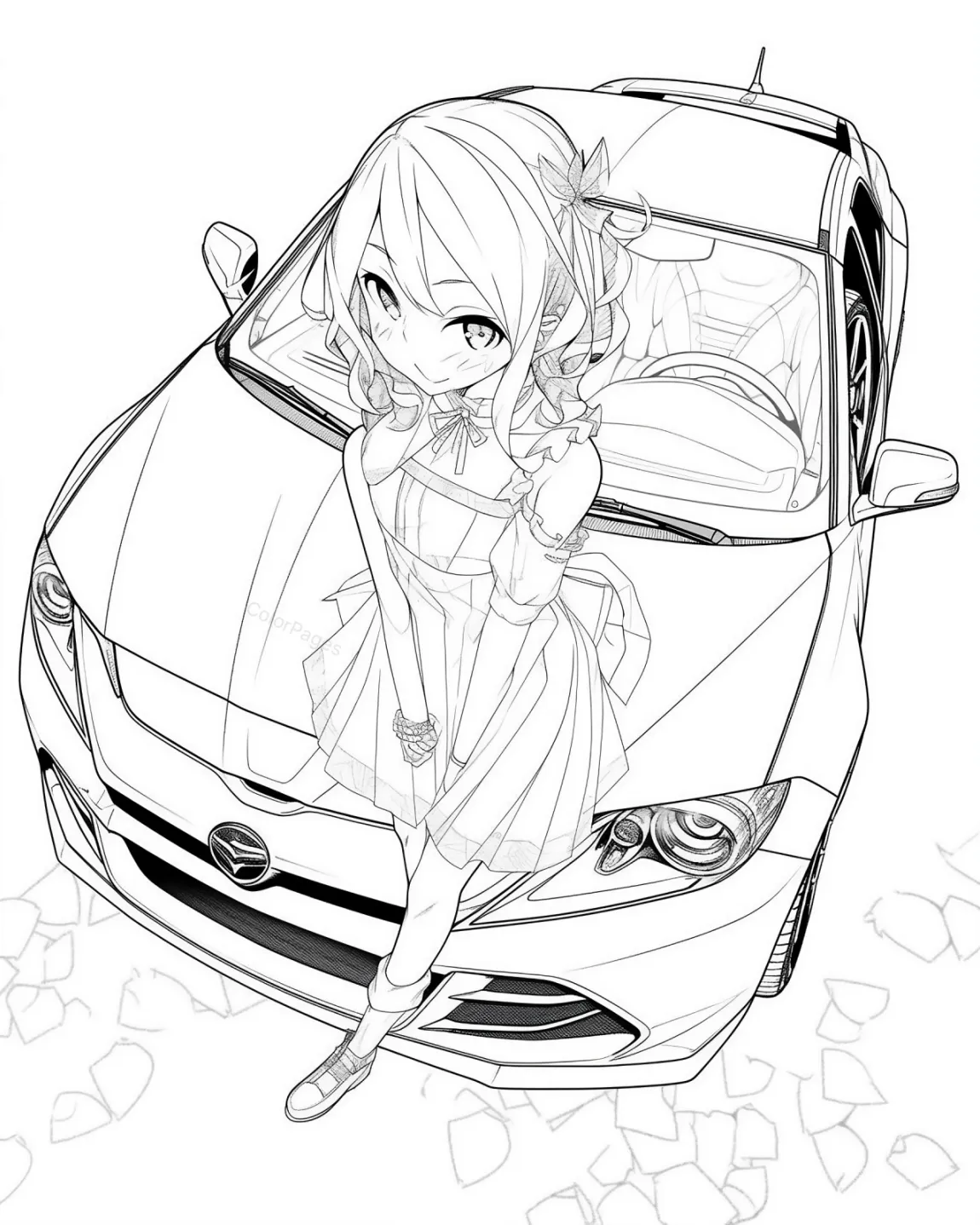 Cute Anime Girl with Car Coloring Page