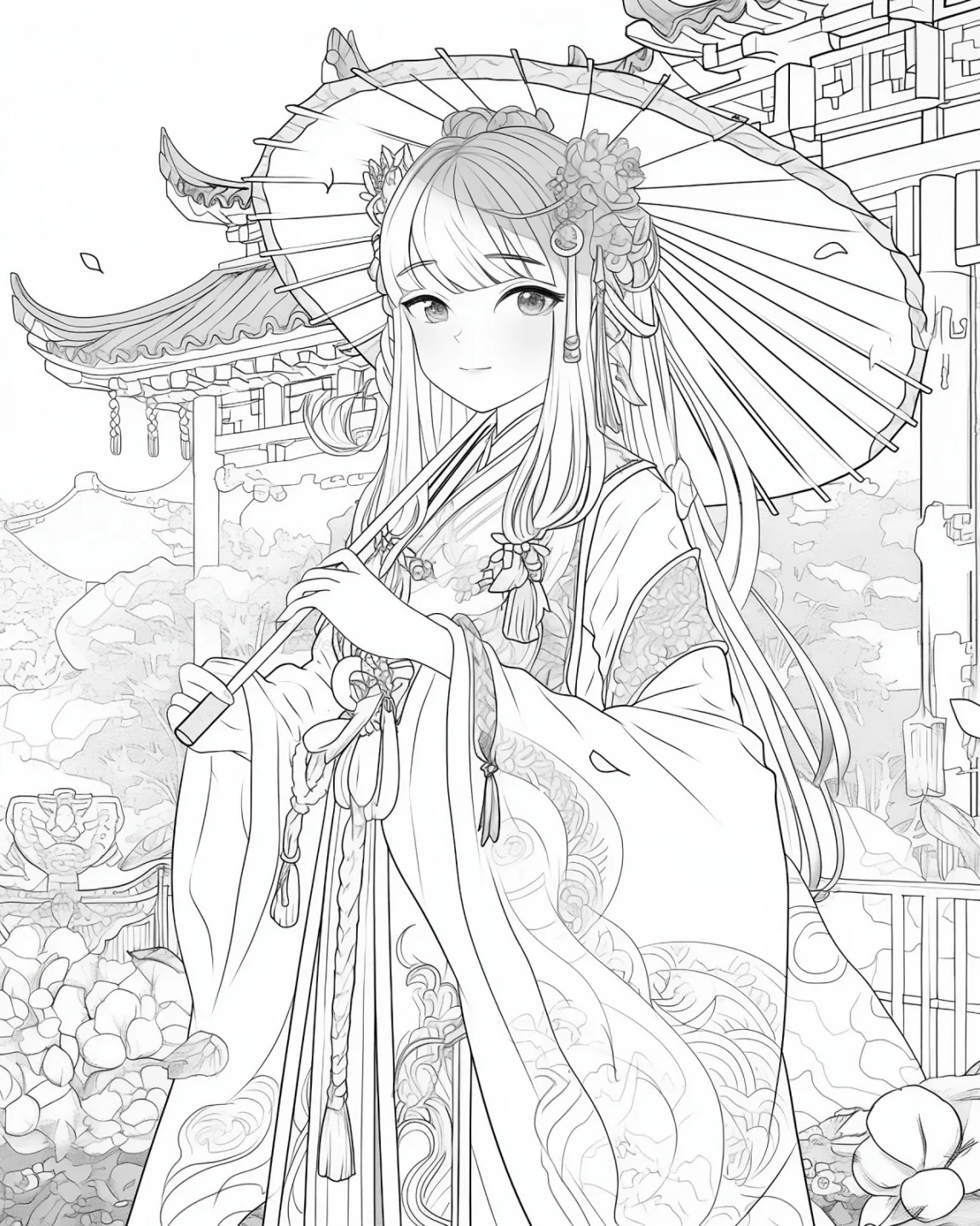 Elegant Lady with a Parasol Coloring Page