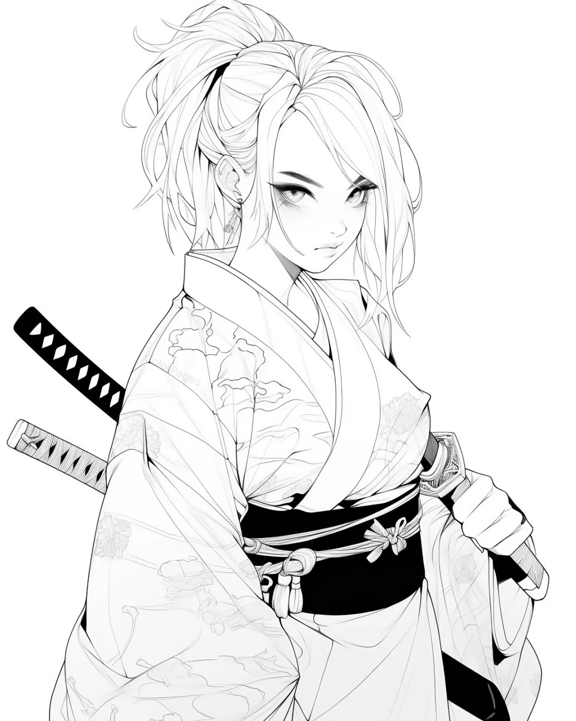 Elegant Samurai Woman Coloring Page