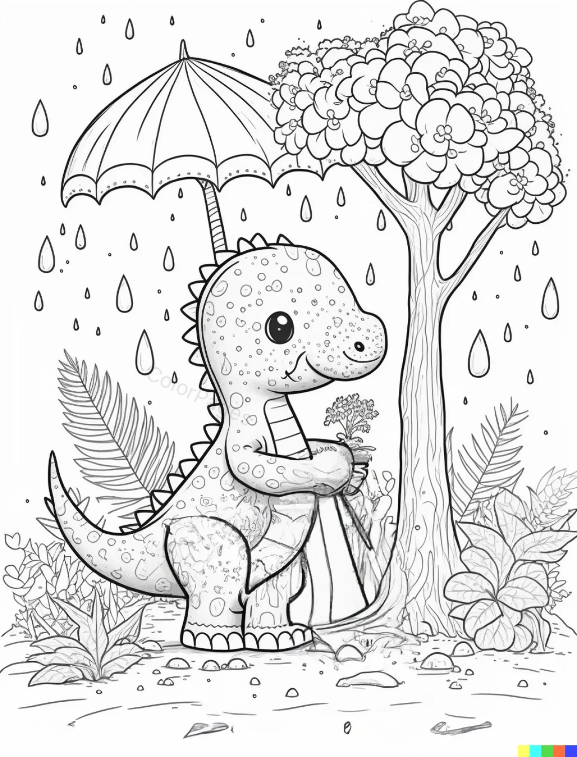 Charming Dinosaur with Umbrella Coloring Page