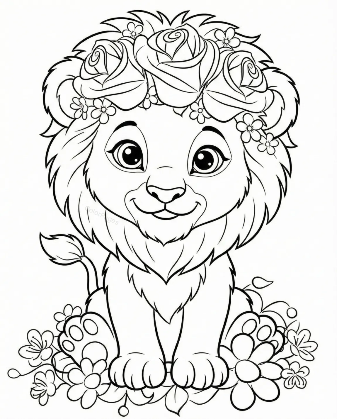 Cute Lion with Flower Crown Coloring Page