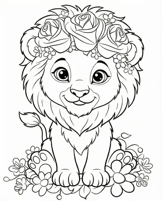 Cute Lion with Flower Crown Coloring Page preview